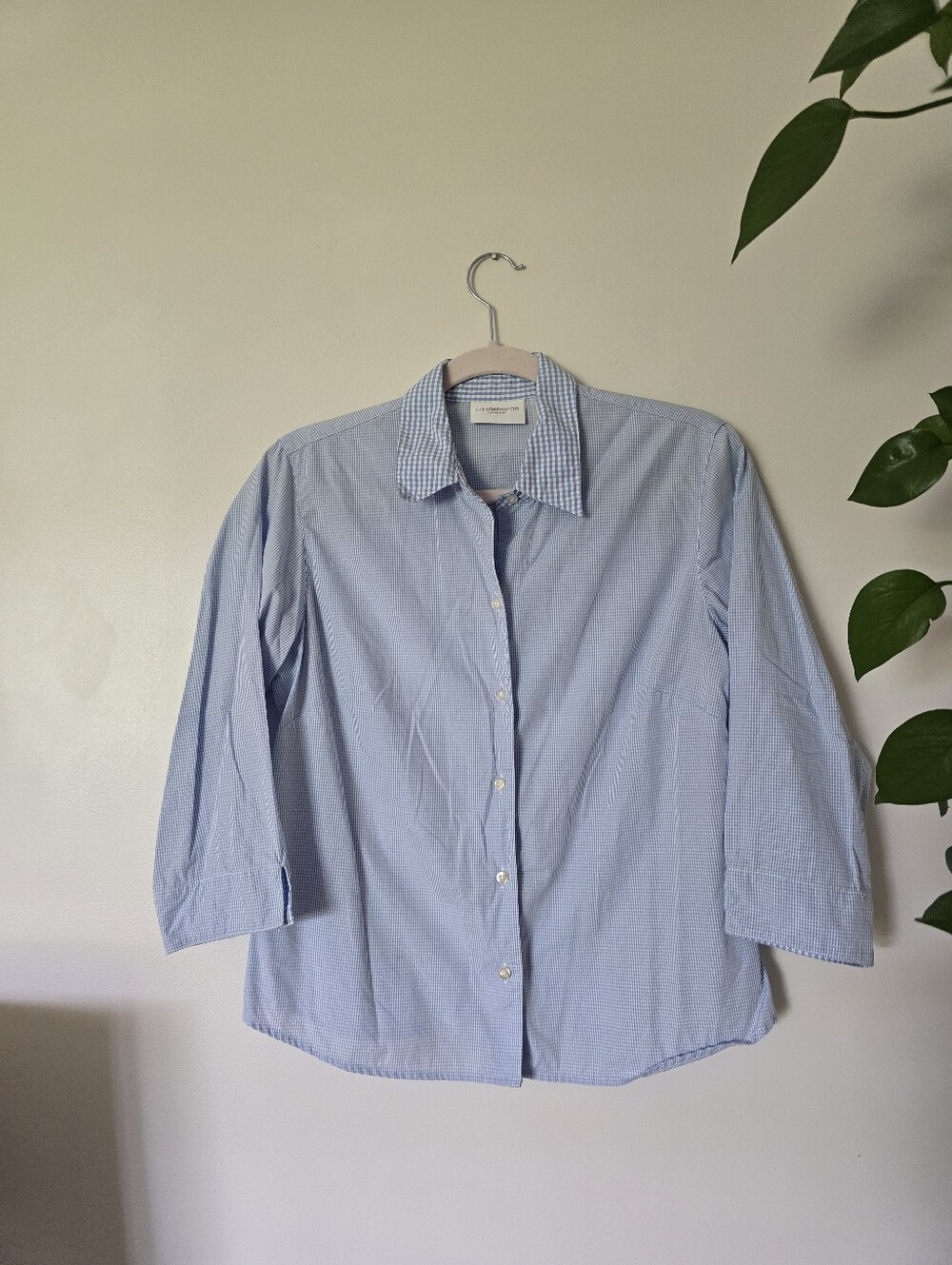 Liz Claiborne Lizsport Blue White Check Gingham Cotton Button Down Top Small
